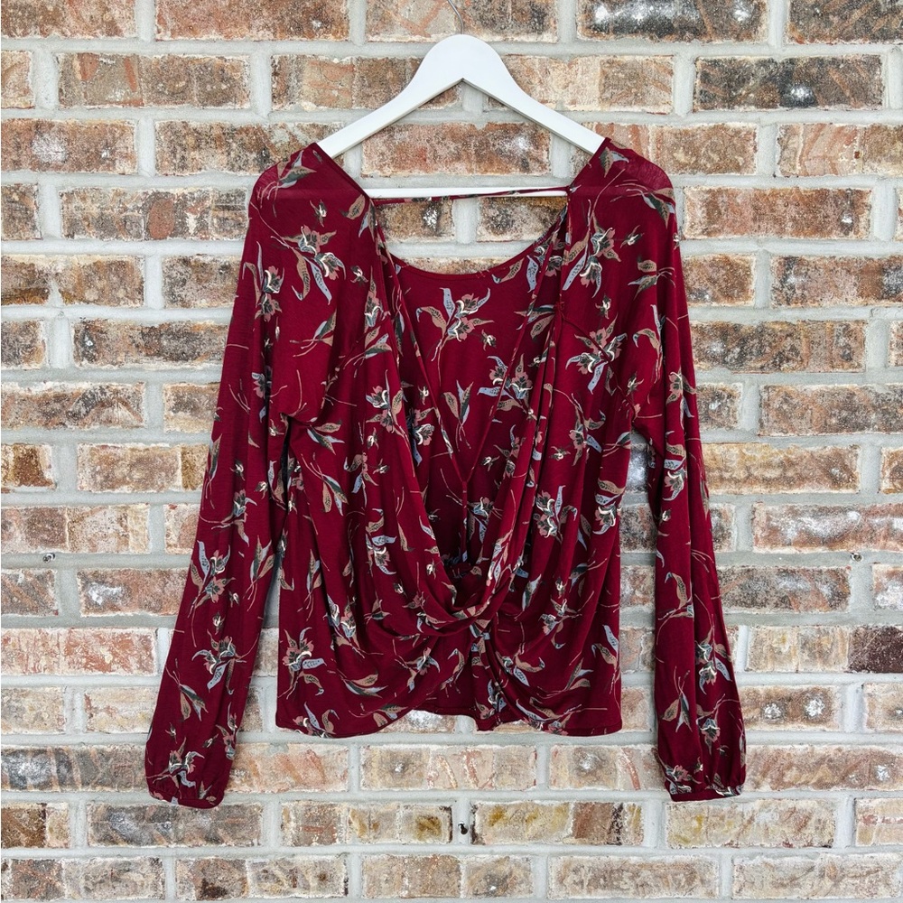 Free People Elsa Drape Open Back Maroon Floral Blouse Medium - Picture 2 of 5